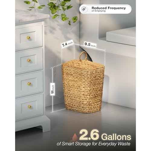 BLUEWEST 2.6 Gallon Wicker Trash Can with Lid, Handwoven Rattan Trash Can, Woven Decorative Wastebasket, Wicker Waste Basket with Removable Plastic Inner Bin for Bathroom, Bedroom, Office, or Kitchen