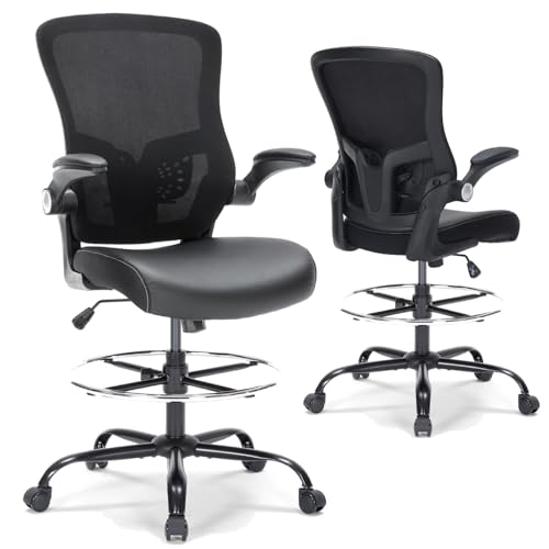 Bondesin Drafting Chair with Lumbar Support, Tall Office Chair, PU Leather Seat, Footrest Ring & Flip-up Armrests