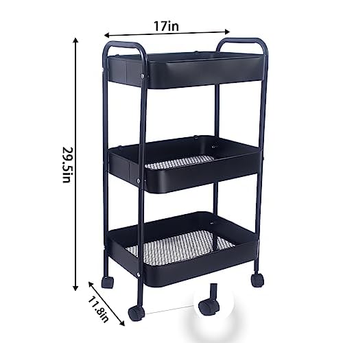 XIUSHE 3-Tier Metal Utility Cart Rolling Storage Organizer, Portable and Sturdy, with Wheels, Ideal for Office, Kitchen, Bathroom, Classroom, and More, Black