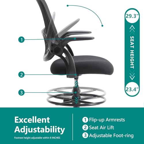SMUG Drafting Chair with Flip-up Arms, Height Adjustable Standing Tall Office Desk Chair with Foot Ring, Ergonomic Swivel Computer Chairs with Rolling Wheels, Black