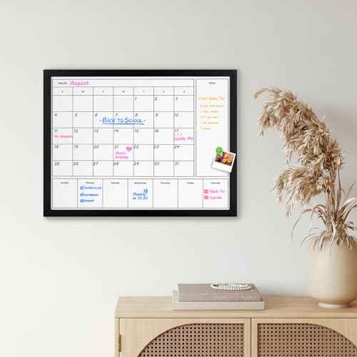 3-in-1 Dry Erase Calendar for Wall, 23.6x17.7 inches Magnetic Surface Monthly & Weekly Planner Whiteboard, Dry Erase Board with Black Wood Frame, Hanging White Board Calendar(YL+ZL-BK,4560)