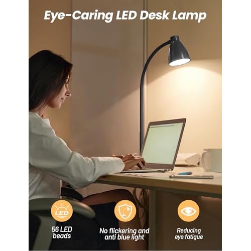 BOHON LED Desk Lamp with USB Charging Port 3 Color Modes Dimmable Reading Light Intelligent Induction Auto Dimming Task Lamp Flexible Gooseneck Table Lamp for Bedside Office, AC Adapter Include