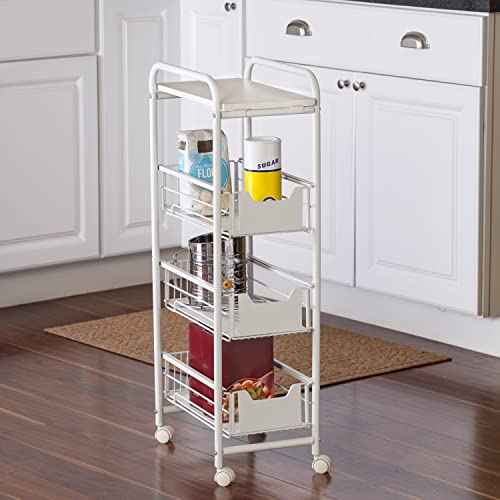 4-Tier Slim Rolling Metal Utility Cart with Drawers, White
