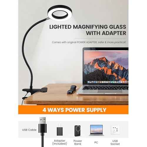 10X Magnifying Glass with Light,5 Colors+10 Brightness Reading Lamp,58 LED Magnifier with Light,750 Lumen Lighted Magnifying Glass for Reading,Clip on Lamp for Desk/Bed/Work/Nail [Adapter]