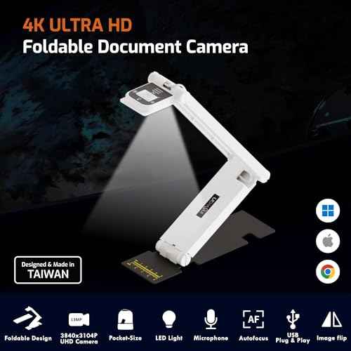 INSWAN INS-Flip 4 4K USB Portable Document Camera/Webcam/Visualiser?13MP Ultra HD, Foldable Design, Auto Focus, Mic, LED, Compatible with Mac OS, Windows, iPad, Chromebook for Distance Learning