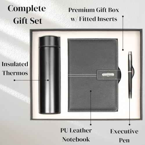 Shadow Breeze A5 Leather Notebook, Insulated Thermos and Executive Pen Gift Set in Premium Gift Box, 172 Pages 100GSM Ruled Pages, 12 oz, Great Gift for Business, School, Home (Black)
