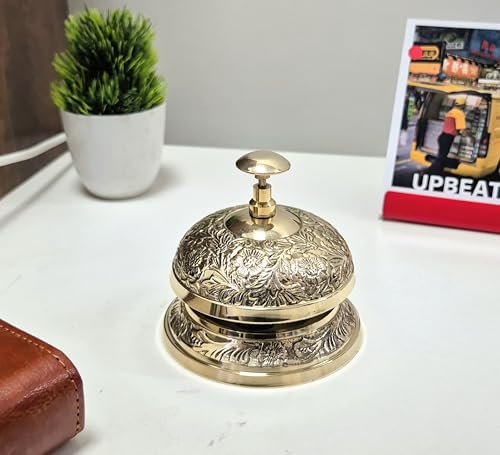 Vintage Brass Desk Bell with Floral Embossed Design - Loud Call Bell for Office & Hotel Reception