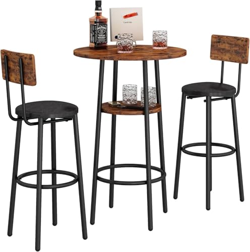ILCQU Brown 3-Piece Dining Table Set for 2 – Small Round Pub Table with Storage & PU Upholstered Stools