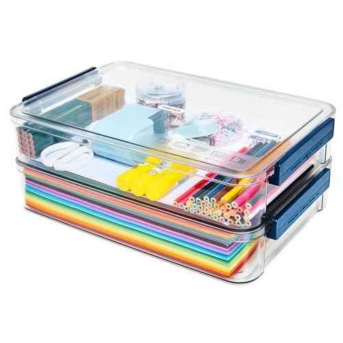 2 Pcs 5.5qt 9 x 13 Plastic Portable Project Case With Snap-Tight Latch Clear Stackable Storage Box With Lids Organizer Container For A4 File Photo Documents Scrapbook Craft Art Supplies