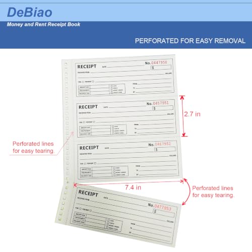 DeBiao Receipt Book with Carbon Copies, 2-Part 200 Sets, 4 Receipts/Page, Spiral Bound Rent & Small Business