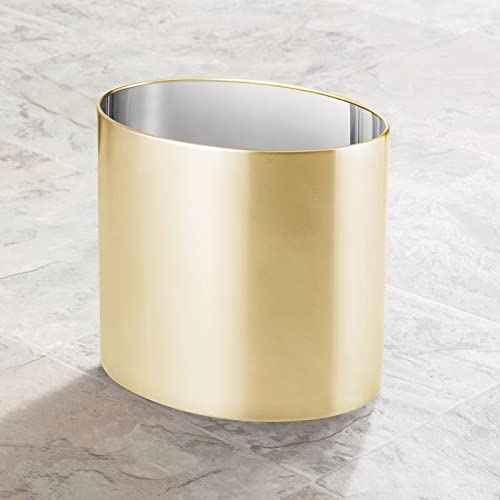 mDesign Stainless Steel Metal Oval Trash Can, 7.9 Liter/2.09 Gallon Wastebasket, Garbage Basket Bin for Bathroom, Bedroom, Kitchen, Home Office, Holds Waste and Recycle, Mirri Collection, Soft Brass