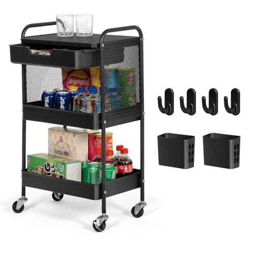 3-Tier Rolling Cart with Drawer, Metal Utility Storage Cart Organizer with Lockable Wheels&Hanging Cups&Hooks, Mobile Storage Craft Carts Trolley with Mesh Shelves for Kitchen, Office-Black