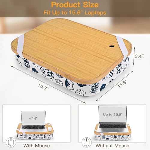 Mayjoy Bamboo Lap Desk with Storage, Cover Removable Lap Desk for Lap, Computer Laptop Stand on Lap, Work on Bed or Couch, Write or Draw on Your Lap (White Kitten)