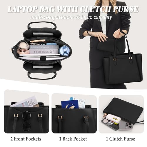 RAINSMORE Laptop Bag for Women 15.6 Inch Work Tote Bags Waterproof Computer Bags Leather Professional Laptop Purse Womens Laptop Briefcase Large Handbag for Office Teacher Travel, Black
