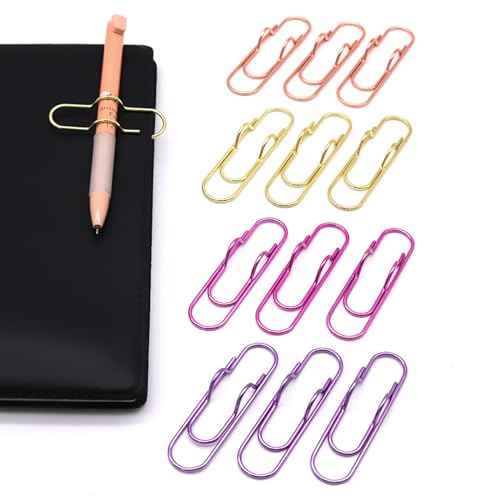 12-Pack Pen Holder Clips for Notebook, Journal, and Book, Ideal for Students, Professionals, and Teachers, Pen Loop Holder for Office and School Use (3 Gold, 3 Rose Gold, 3 Pink, 3 Purple)