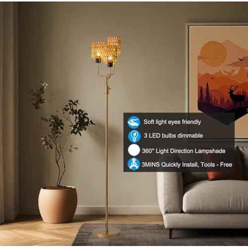 Rattan Gold Floor Lamp for Living Room, Boho Farmhouse Floor Lamps Dimmable with Elegant Wicker Shade and 3 LED Bulbs, Modern Torch Standing Lamp for Bedroom Office