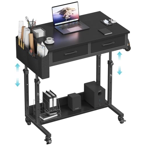 WINAZ 31.5" Black Adjustable Rolling Standing Desk with Drawers - Mobile Workspace