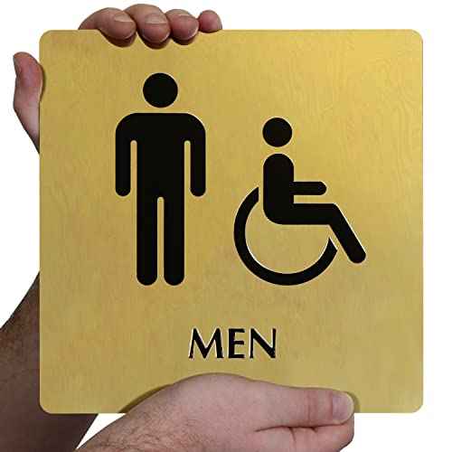 SmartSign 9 x 9 inch Mens Restroom Sign with Men/Handicap Accessible Wheelchair Pictograms, 40 mil Brass Metal, Engraved, Door/Wall Mount Bathroom Sign, Gold and Black