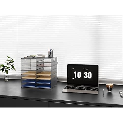 EasyPAG Paper Trays for Classroom 14 Tier Mesh Desk Organizer Shelves with Handle A4/Letter Size File Folder Organizer Shelf for Office, School, Home, Silver