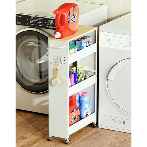 Utility Slim Storage Cart, 4-Tier Narrow Laundry Room Bathroom Organizers and Storage Cart, Metal Pantry Kitchen Organization Shelf with Wood Top, Slim Rolling Rack with Wheels for Small Space