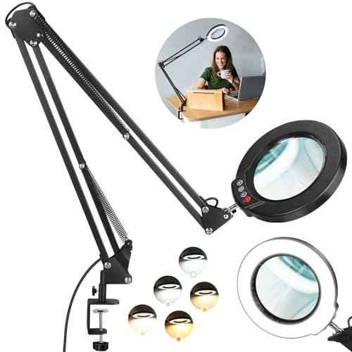 10X Large Magnifying Glass with Light and Stand, 2 x 16 Inch Adjustable Swivel Arm LED Desk Lamp with Clamp, 5 Color Modes Stepless Dimmable, Lighted Magnifier Hands Free for Close Work, Hobby