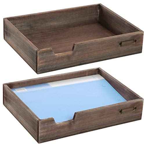 MyGift Set of 2 Vintage Distressed Finish Brown Wood Stackable Office Desktop Document Letter Paper Tray