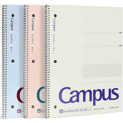 KOKUYO Spiral Notebook with 5x5 Graph Paper, 3 Pack Campus 10-1/2" x 8" Subject Notebooks, 80 Sheets, Light Pink Blue Off-White 3 Holes School Spiral Journal for Study Planner Drawing (WSG-SU-400G4¡¿3)