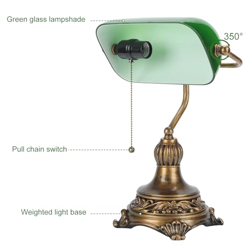 NISSAFORS Bankers Lamp with Pull Switch, Green Glass Desk Lamp with Retro Black/Gold Finish, Vintage Table Lamps for Living Room, Library, Piano(Green)