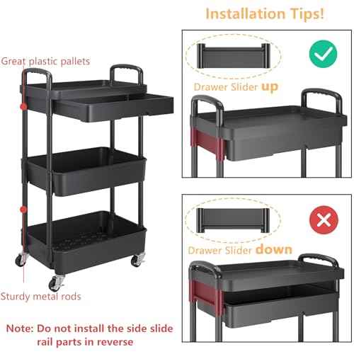 Calmootey 3-Tier Rolling Utility Cart with Drawer,Multifunctional Storage Organizer with Plastic Shelf & Metal Wheels,Storage Cart for Kitchen,Bathroom,Living Room,Office,Black