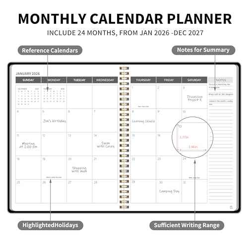 Monthly Planner 2026-2027, 2026 Calendar 24 Months Planner, Jan 2026 - Dec 2027, 8.6" x 11", Academic Calendar Hard PVC Cover with Spiral Bound, Perfect for School & Office for Women & Men