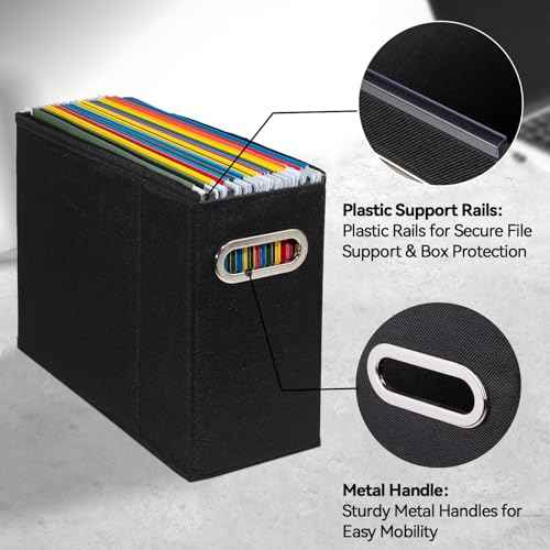 8 Packs Letter Size File Organizer, File Folders Organizer, Fabric Storage Box, Collapsible Paper Organizer with Metal Handle, Smooth PVC Rails, Only Box (Black)