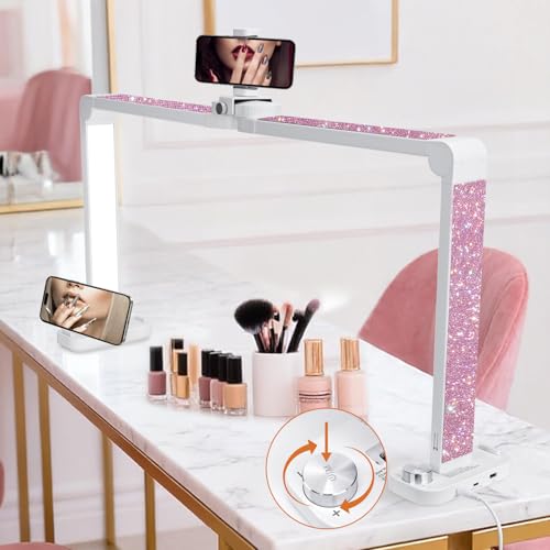 BZJ 34in Large Nail Light for Desk Foldable Moon Lamp LED 3 Color Stepless Dimming Pink Table Lamp with Base Phone Stand for Beauty Eyelash Makeup Tattoo Crafts Reading Spa Salon Tech
