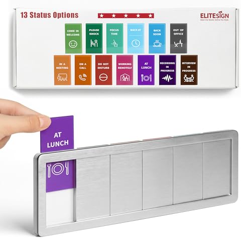 EliteSign Brushed Silver Office Door Sign with 6-Zone Sliding & 13 Status Options - Custom Privacy Office Sign for Meeting & Conference Rooms