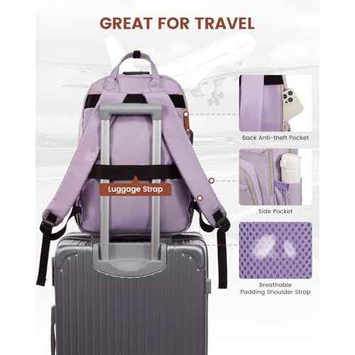 LOVEVOOK Laptop Backpack Purse for Women, Unisex Large Capacity 17 Inch Travel Anti-theft Bag, Work Business Computer Bags backpack, Casual Hiking Daypack with Lock, Light Purple