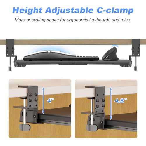 suptek Adjustable Keyboard Tray Under Desk - Slide Out with C Clamp Mount, Computer Keyboard & Mouse Tray, 25.6" (30.4" Including Clamps) x 11.8" Pull Out Computer Drawer for Typing, Black, DSF1PRO