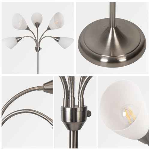 HonoDing Medusa Floor Lamps Standing Lamps 5 Heads Adjustable Reading Light Large Shade Use E26 A19 Bulb Floor Lamps for Living Room Bedroom (Satin Nickel)