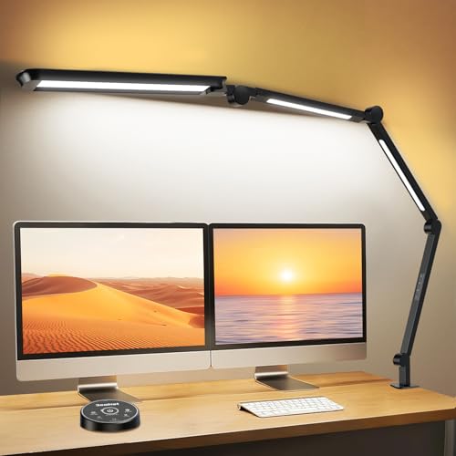 LED Desk Lamp with 4 Light Sources, 24W Super Bright with Remote Control, Ajustable Ambient Lighting, 4 Color Modes & 4 Brightness, Swing Arm, Architect Desk Lamp with Clamp for Home Office