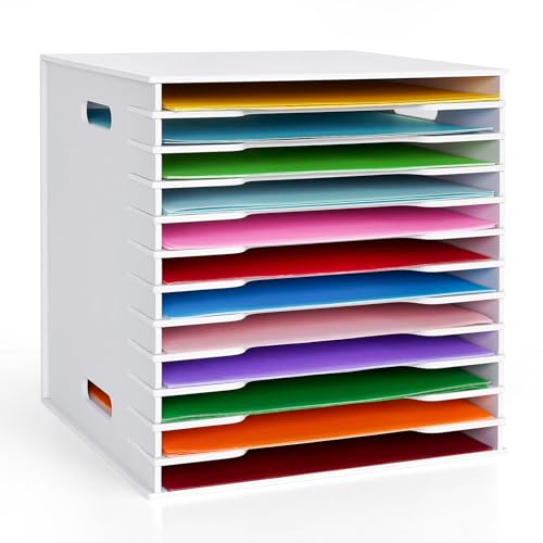 SANFURNEY Scrapbook Paper Organizer for Sizes 12" x 12", 12 Slots File Sorter Storage, Document Holder, Desktop Scrapbook Paper Organizer Rack for Home Office School (White, 12 Slots - Standard Size)