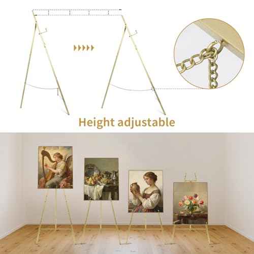 Gold Easel Stand for Sign- 4 Tier Heavy Duty Metal Display Easel Stand for Paintings, Posters, Wedding Show,Pictures, Welcome Signs,with Adjustable Chain Easel for Wedding Sign