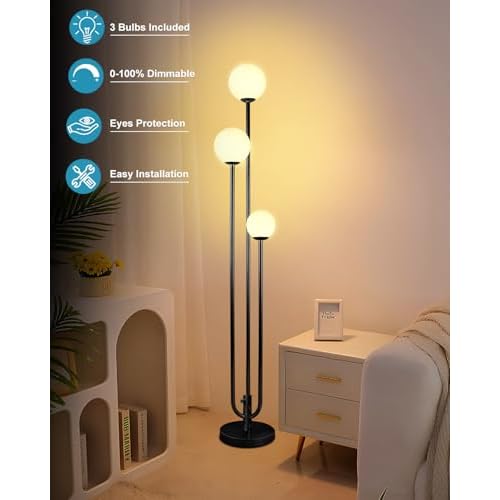 63IN 3-Light Dimmable Floor Lamp, Unique Candle Holder Style Black Tall Standing Lamps with 3000K G9 Bulbs for Reading, Mid Century Modern Floor Lamp for Living Room Bedroom Office