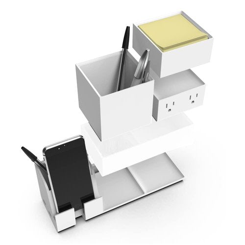 Bostitch Office Konnect Desk Organizer and Charging Station, 2 USB Ports, 2 Plugs, Charges Phones Tablets, Pencil Cup, 4-Piece Design, White
