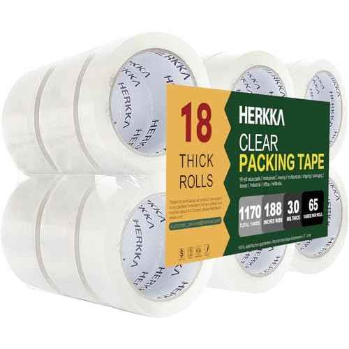 HERKKA Clear Packing Tape, 18 Rolls Heavy Duty Packaging Tape for Shipping Packaging Moving Sealing, 3 Mil Thick Clear Packing Tape, 1.88 inches Wide, 65 Yards Per Roll, 1170 Total Yards