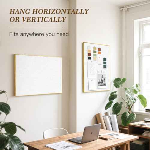 Linen Bulletin Board, 24"x18", White Cork Board for Wall, Gold Aluminum Frame, Upgraded Canvas Pinning Surface, 10 Push Pins, White