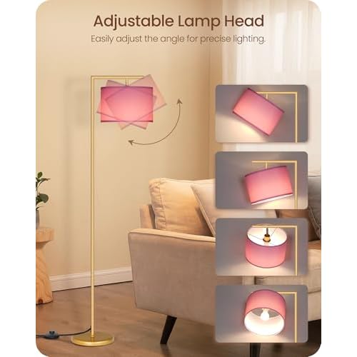 Modern Gold Arc Floor Lamp, Corner Tall Lamp with Remote, Arched Reading Light with Fabric Shade, Floor Lighting for Living Room, Bedroom, Office, Study, Pink, LED Bulb Included, DP11LD05