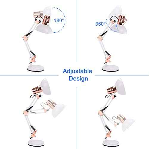 PowerKing Metal Swing Arm Desk Lamps, Adjustable and Flexible,Feading with Base and Clip 2-in-1 Function, Fit E26&E27 Bulbs Base, Application in Bedroom Living Room, Office Home (White+Rose Gold)
