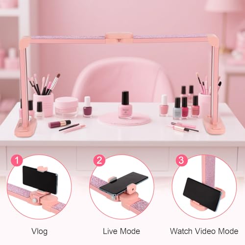 34in Half Moon Light for Nail Desk, Foldable LED Lamp for Nail Art, Tattooing, Craft Making, Stepless Dimming, 3000-6000K Color Temperature Adjustment, 456 Light Beads, Pink with Diamond