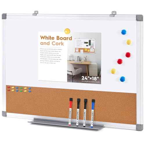 S SWANCROWN Dry Erase Board Cork Board Combo, Magnetic White Board and Bulletin Pin Board Combination,Hanging Wall Mounted Vision Board for Home, School, Office,Silver Frame,24"x18"