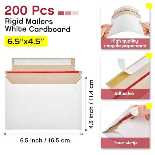 200 Pcs 6.5 x 4.5 Inch Rigid Photo Mailers with Self-Adhesive, White Cardboard Card Shipping Envelopes Bulk for Document