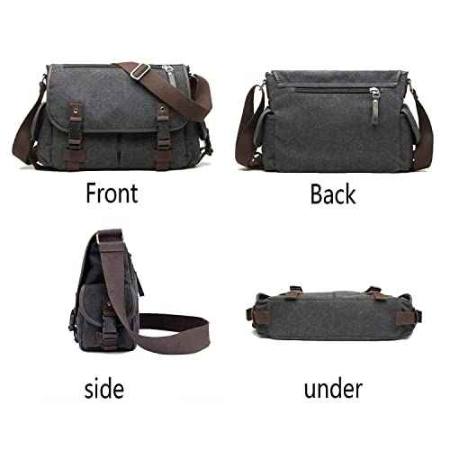 [Upgraded] Vintage Canvas Messenger Bag 13 15.6 17 inches Large Book Laptop Shoulder Bag Women Men New (Black, Medium)