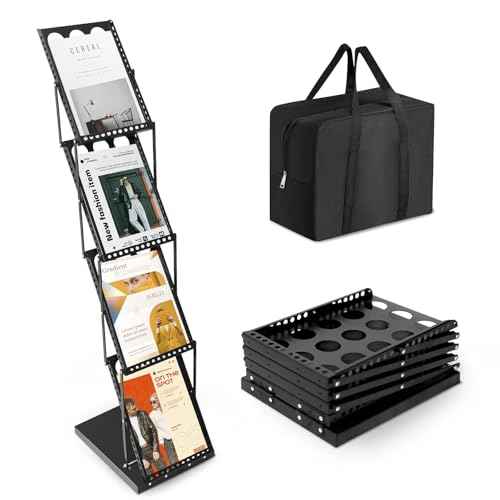 LIWSHWZ Foldable Literature Brochure Display Stand,4 Pocket Magazine Rack Floor with Carrying Bag for Trade Show Exhibitions Office,Trade Shows, Offices (Black)